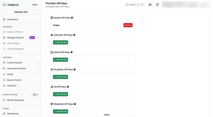 Cuppa supports multiple LLM providers, letting you bring your own API keys.