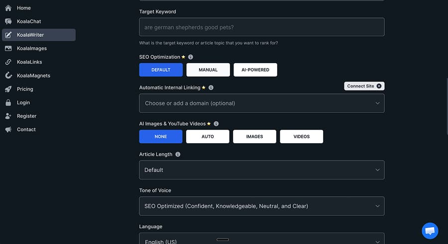 Koala offers many article settings, and while some are gated, many are available on the free and entry-level plans