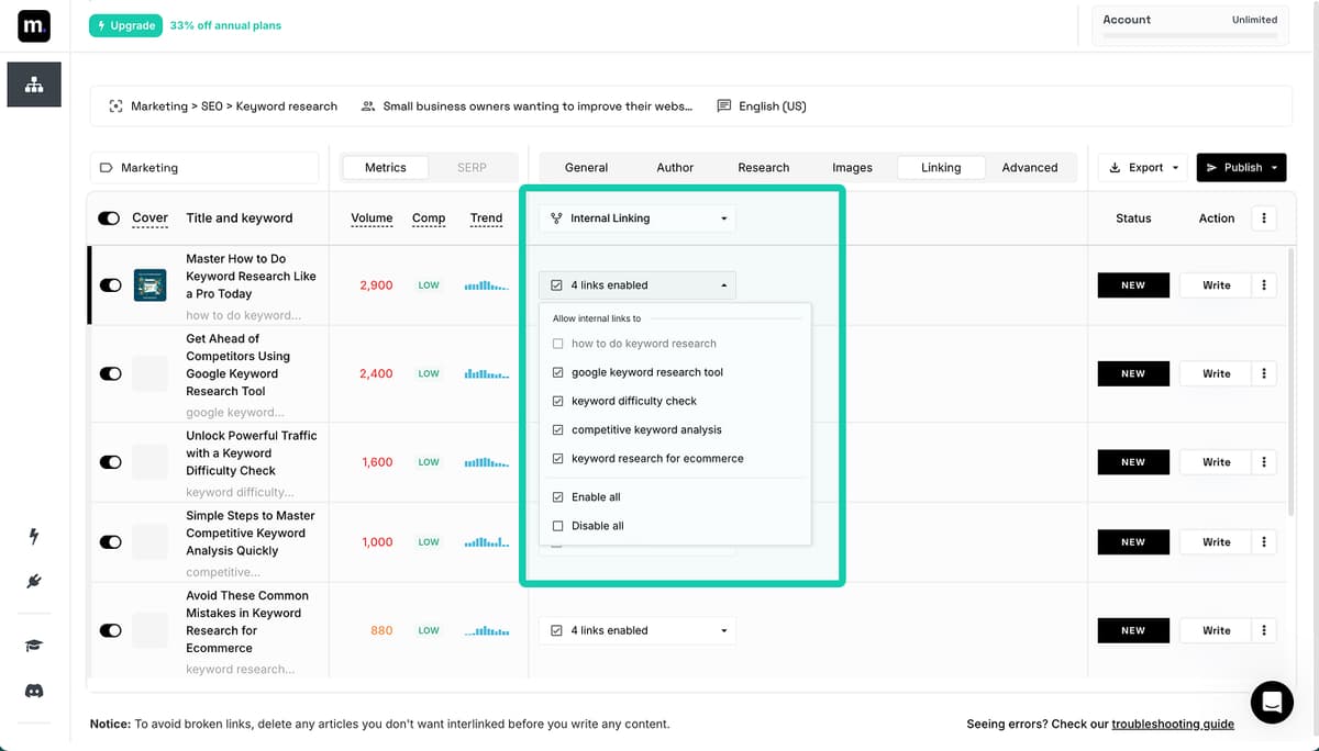Automated Internal Linking Dashboard