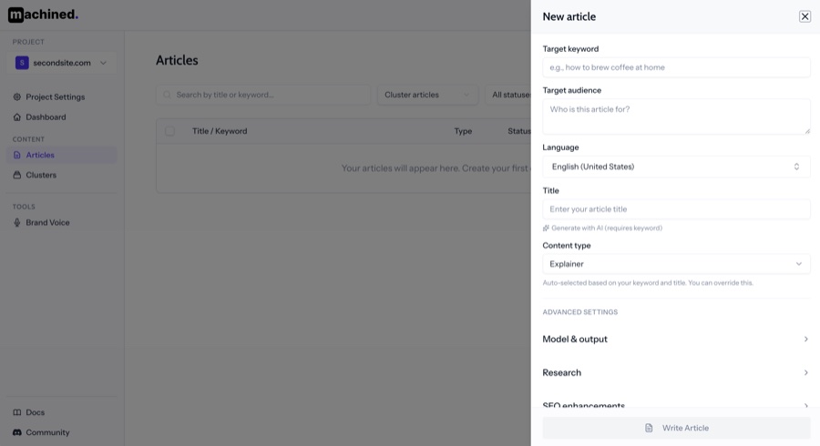 New article modal